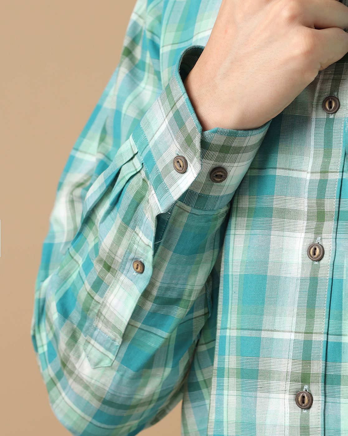 Men's Blended Linen Green Checked Contemporary Fit Full Sleeve Casual Shirt