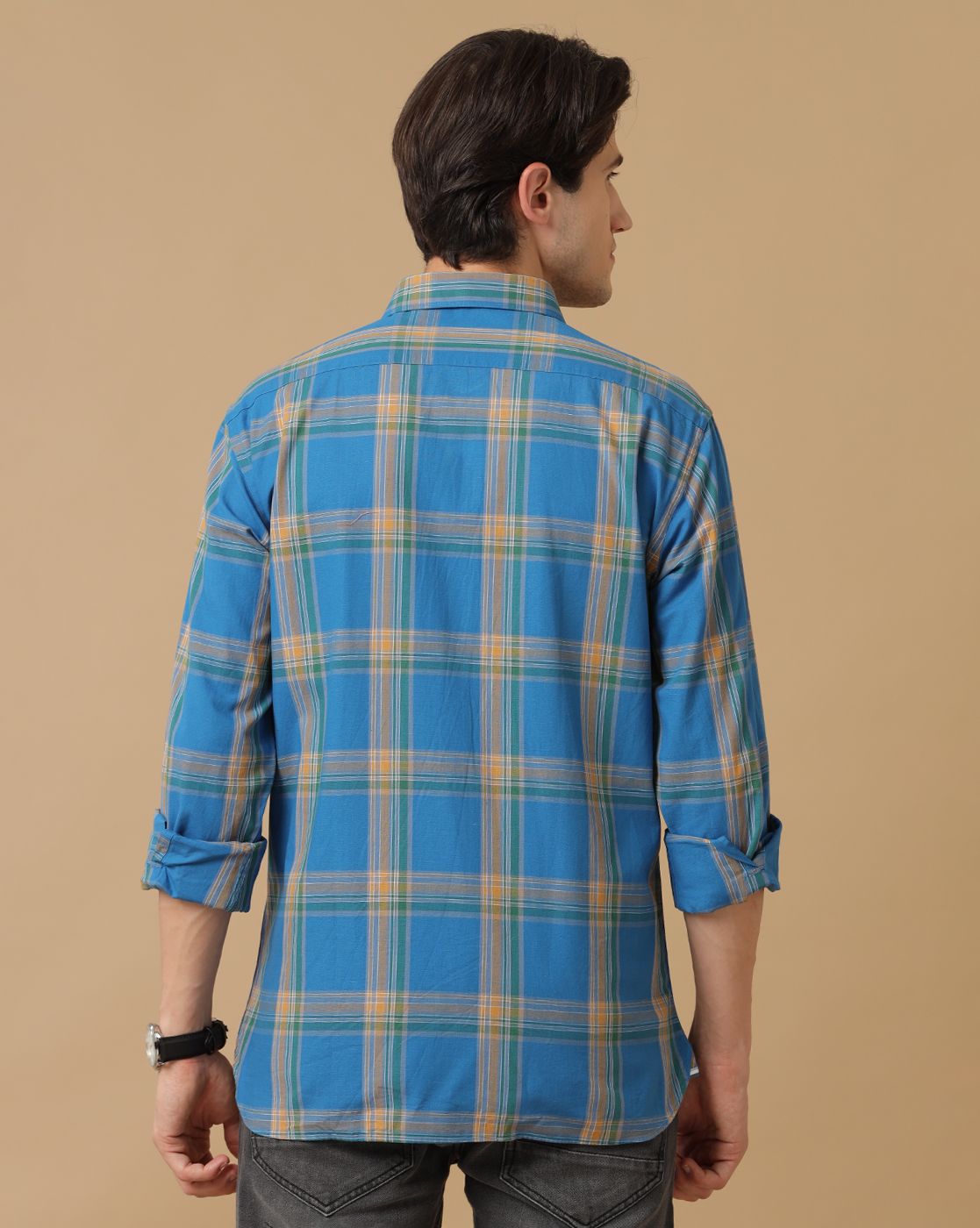 Men's Blended Linen Blue Checked Contemporary Fit Full Sleeve Casual Shirt