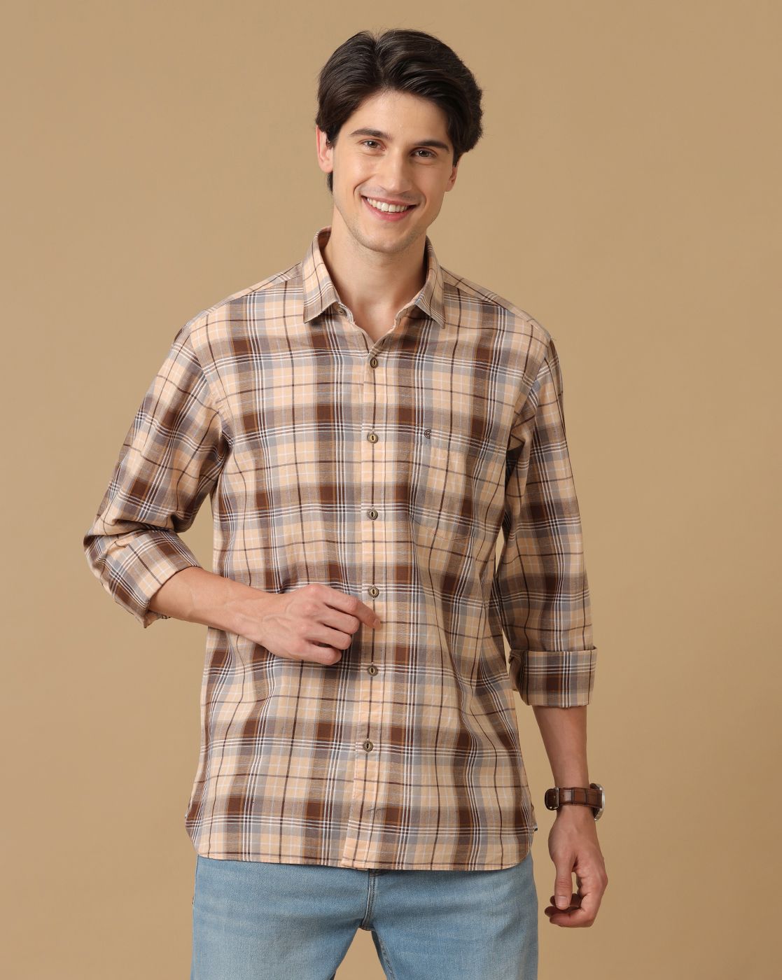Men's Blended Linen Brown Checked Contemporary Fit Full Sleeve Casual Shirt