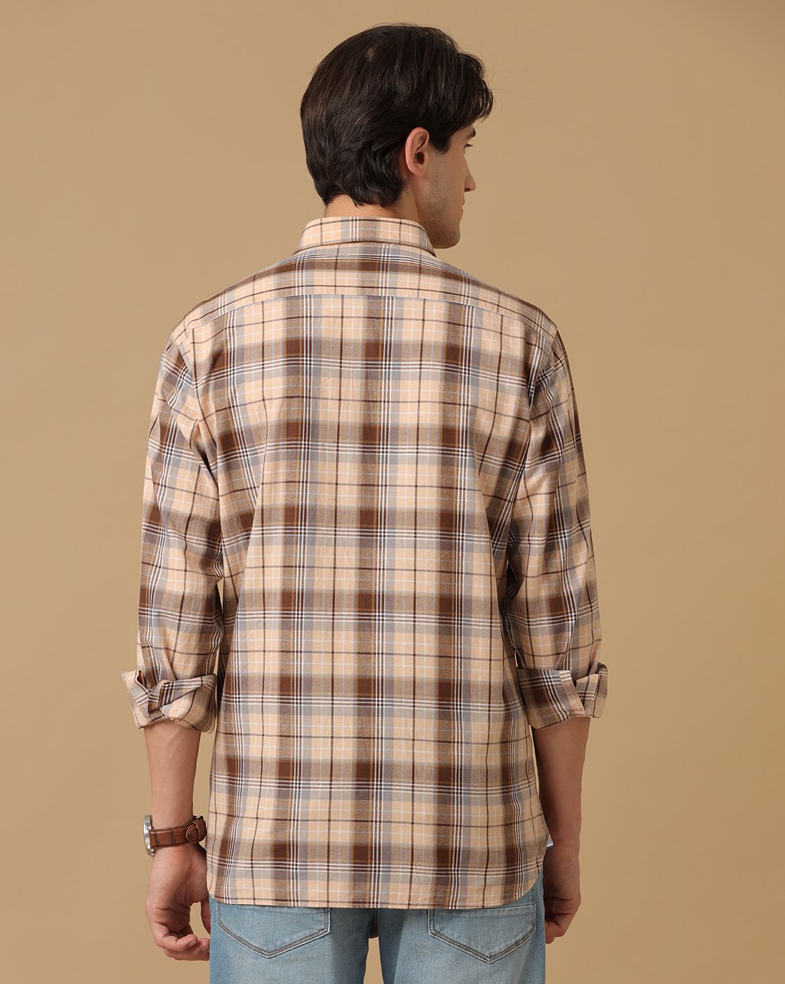 Men's Blended Linen Brown Checked Contemporary Fit Full Sleeve Casual Shirt