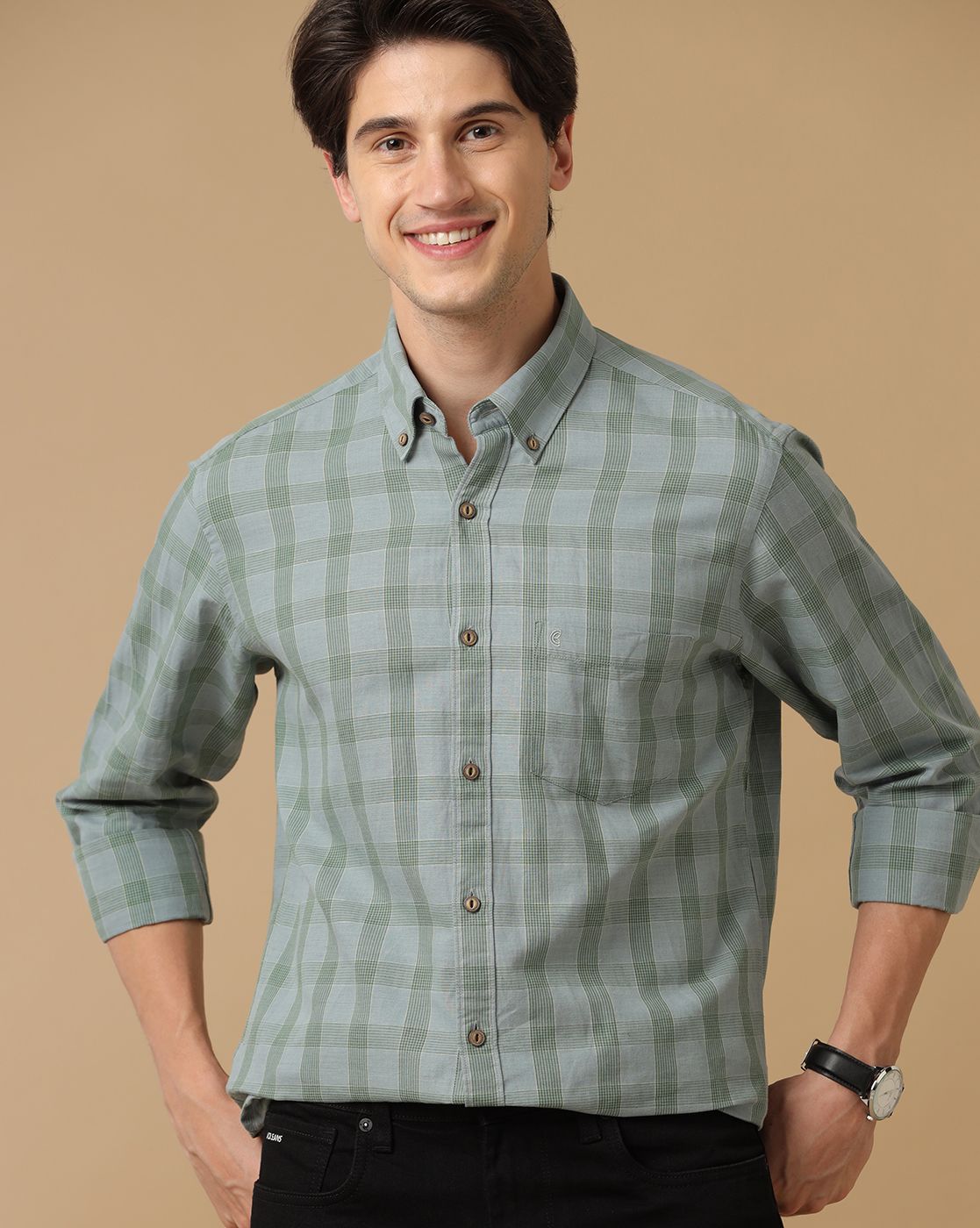 Men's Blended Linen Green Checked Contemporary Fit Full Sleeve Casual Shirt