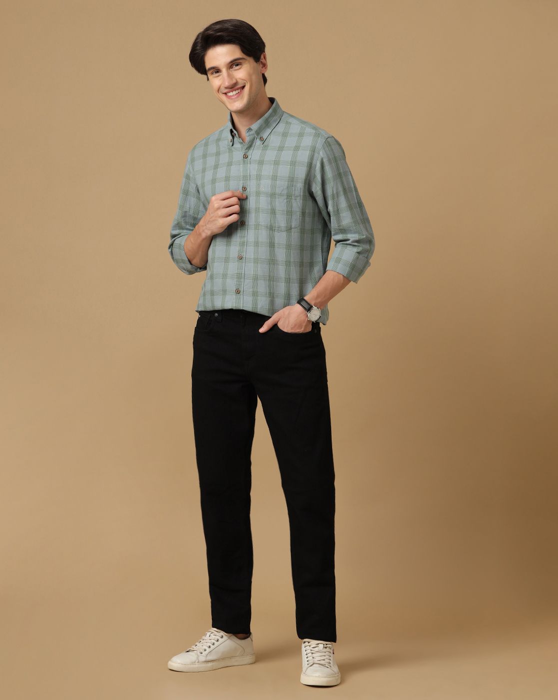Men's Blended Linen Green Checked Contemporary Fit Full Sleeve Casual Shirt