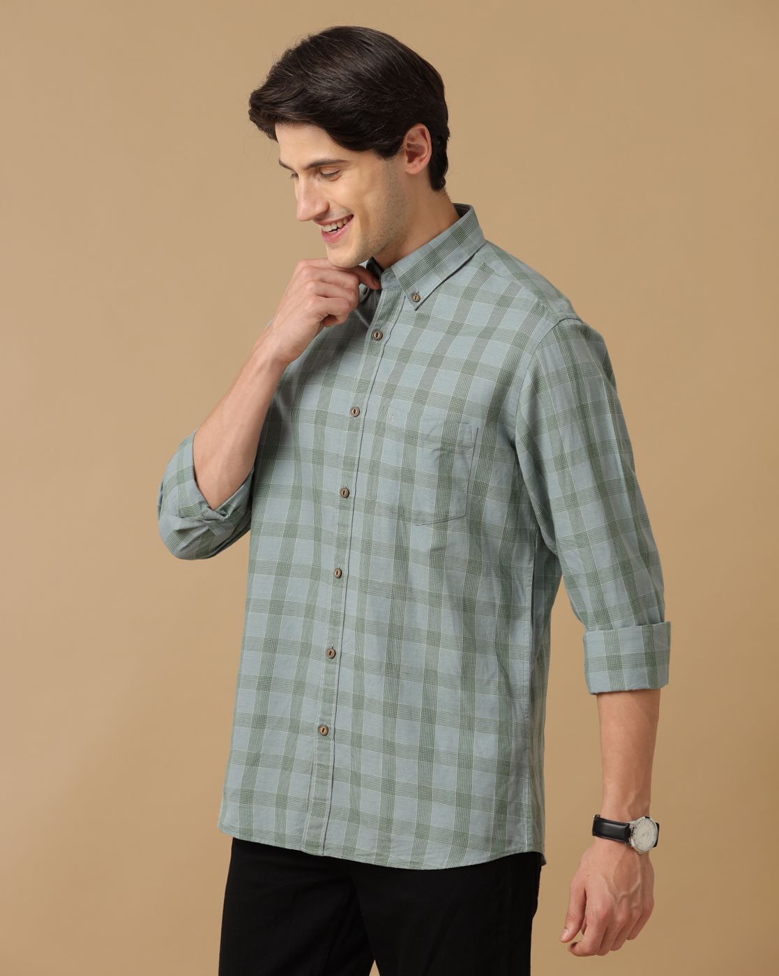 Men's Blended Linen Green Checked Contemporary Fit Full Sleeve Casual Shirt