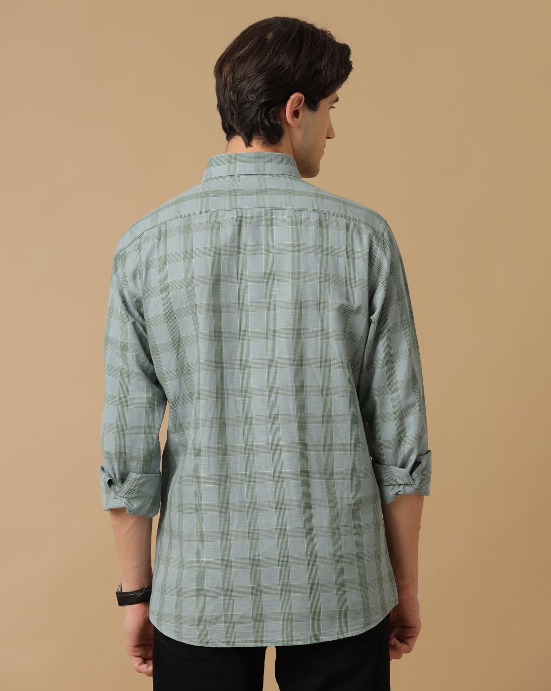Men's Blended Linen Green Checked Contemporary Fit Full Sleeve Casual Shirt
