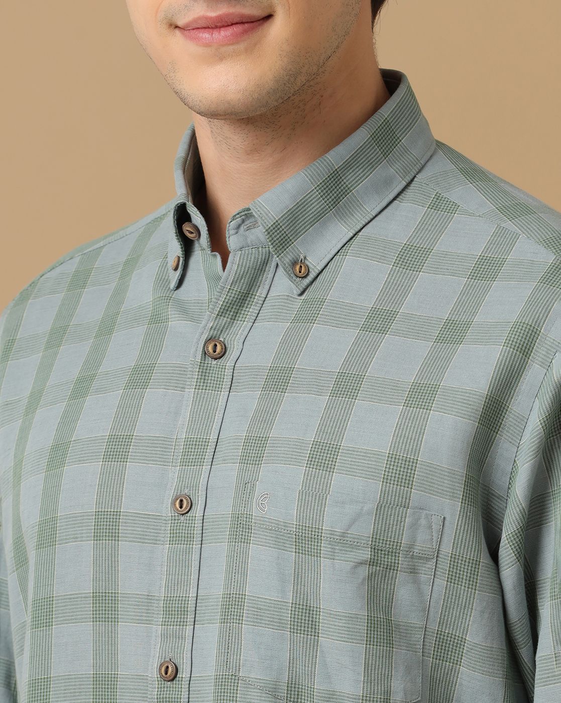 Men's Blended Linen Green Checked Contemporary Fit Full Sleeve Casual Shirt