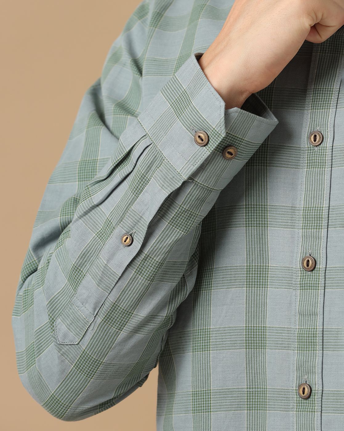 Men's Blended Linen Green Checked Contemporary Fit Full Sleeve Casual Shirt