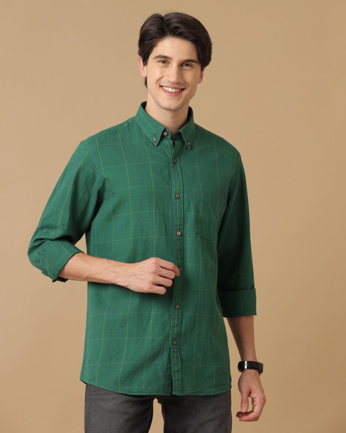 Men's Blended Linen Green Checked Contemporary Fit Full Sleeve Casual Shirt