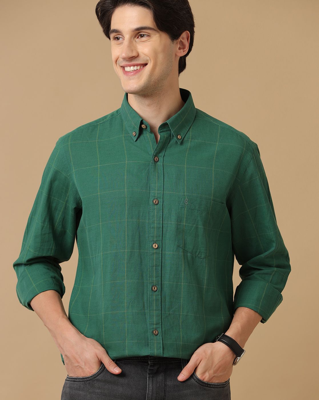 Men's Blended Linen Green Checked Contemporary Fit Full Sleeve Casual Shirt