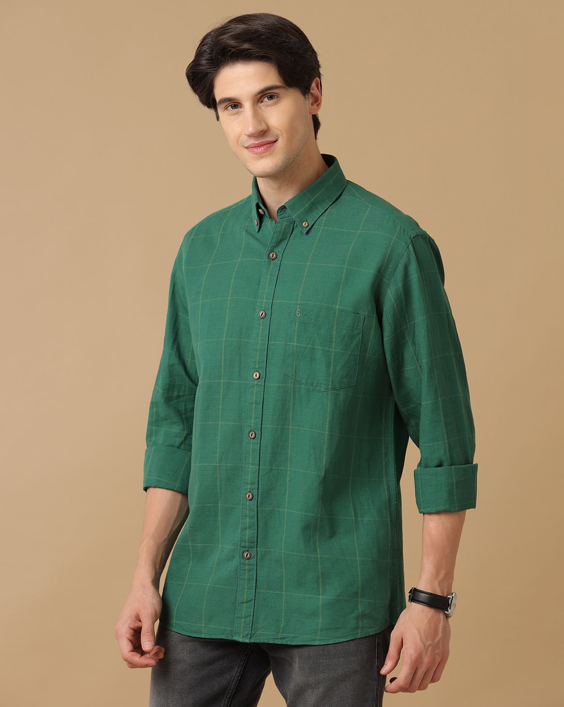 Men's Blended Linen Green Checked Contemporary Fit Full Sleeve Casual Shirt