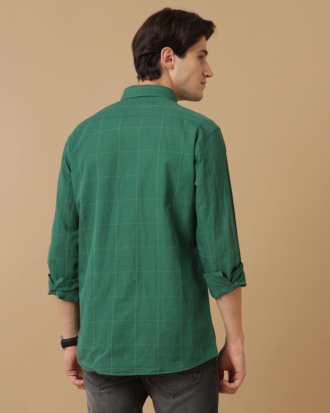 Men's Blended Linen Green Checked Contemporary Fit Full Sleeve Casual Shirt
