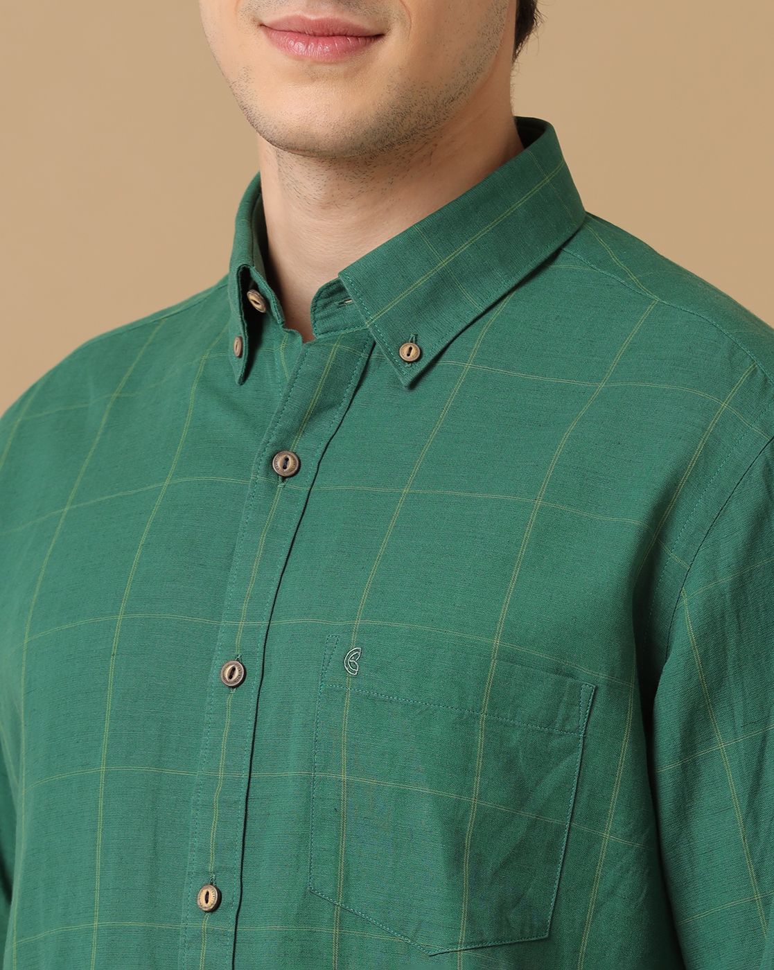 Men's Blended Linen Green Checked Contemporary Fit Full Sleeve Casual Shirt