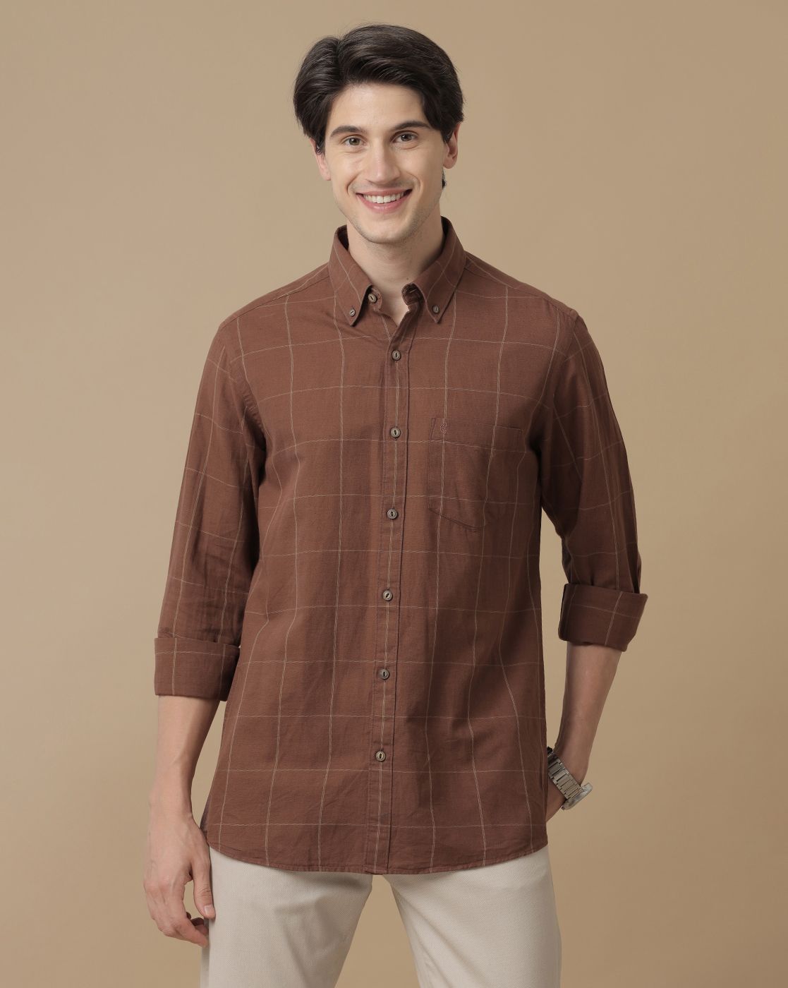Men's Blended Linen Brown Checked Contemporary Fit Full Sleeve Casual Shirt