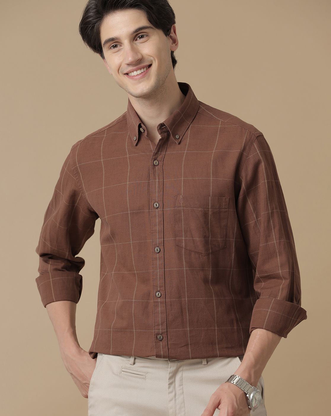 Men's Blended Linen Brown Checked Contemporary Fit Full Sleeve Casual Shirt