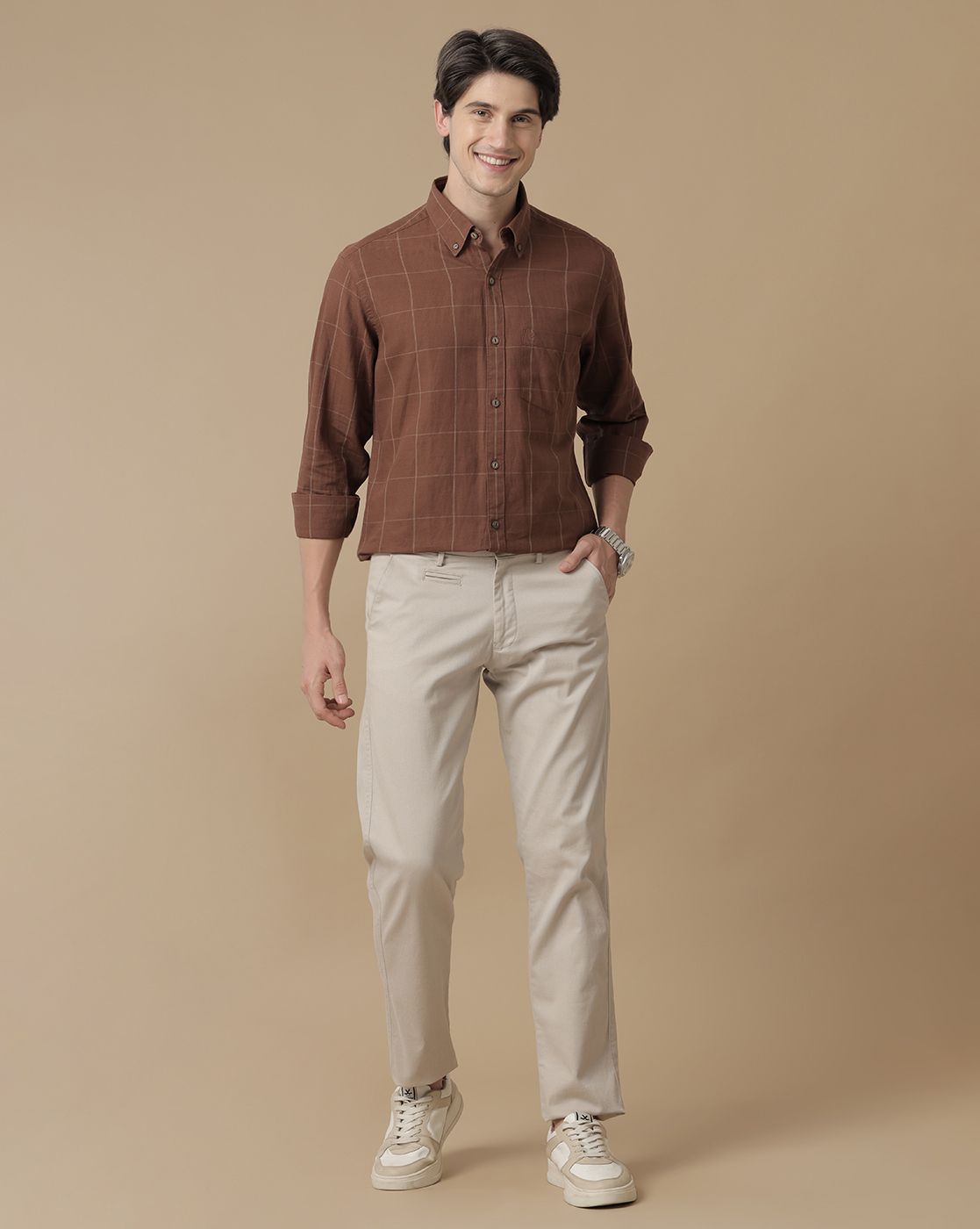 Men's Blended Linen Brown Checked Contemporary Fit Full Sleeve Casual Shirt