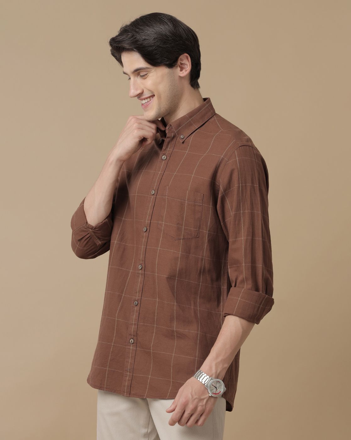 Men's Blended Linen Brown Checked Contemporary Fit Full Sleeve Casual Shirt