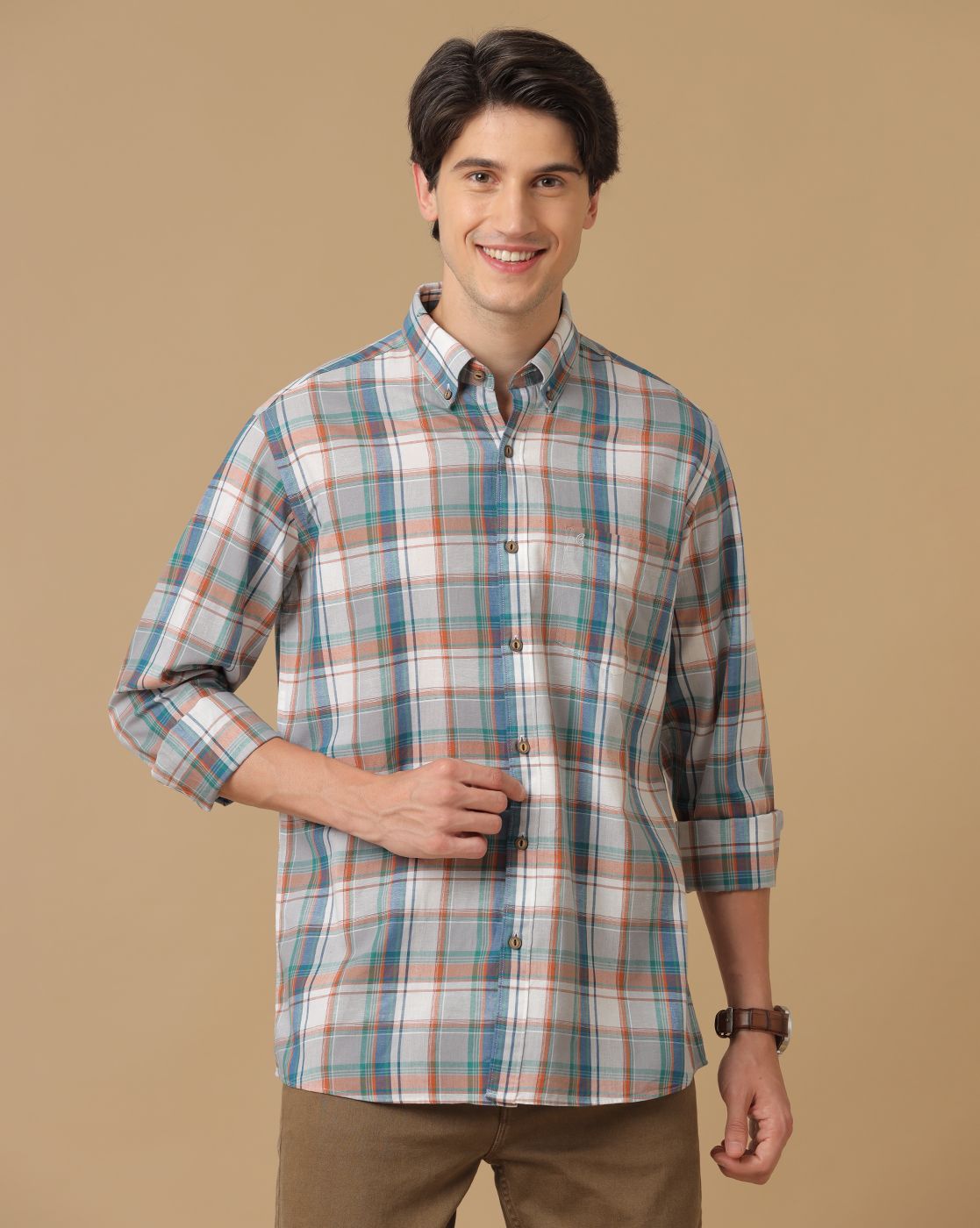 Men's Blended Linen Multicolor Checked Contemporary Fit Full Sleeve Casual Shirt