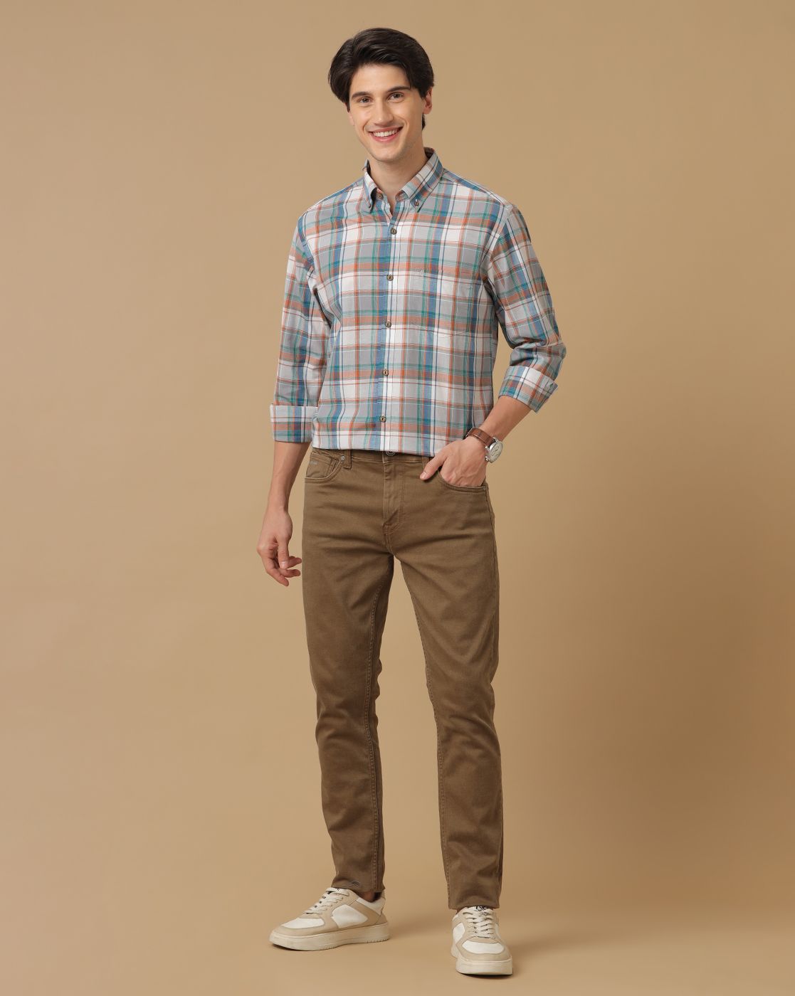 Men's Blended Linen Multicolor Checked Contemporary Fit Full Sleeve Casual Shirt