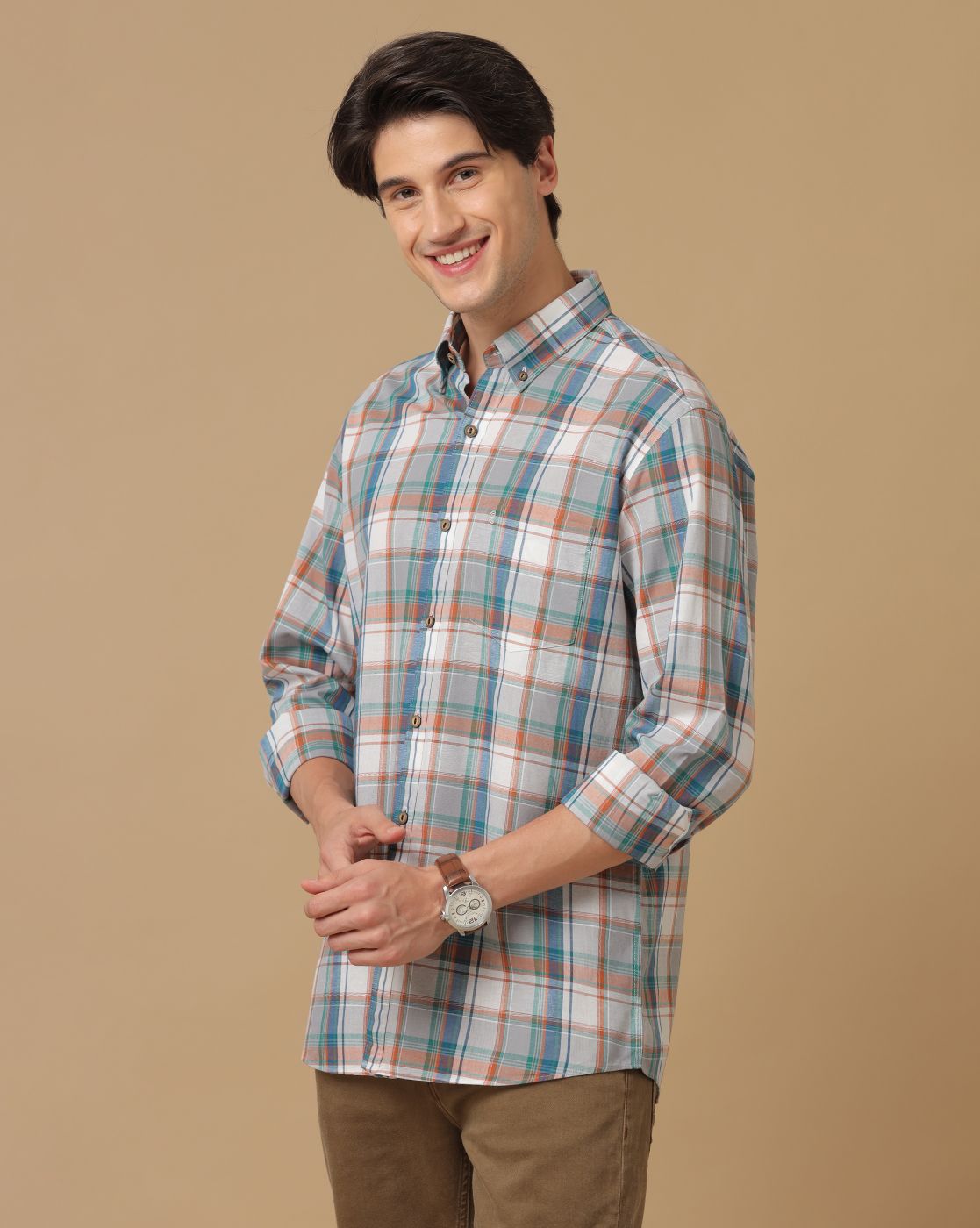 Men's Blended Linen Multicolor Checked Contemporary Fit Full Sleeve Casual Shirt