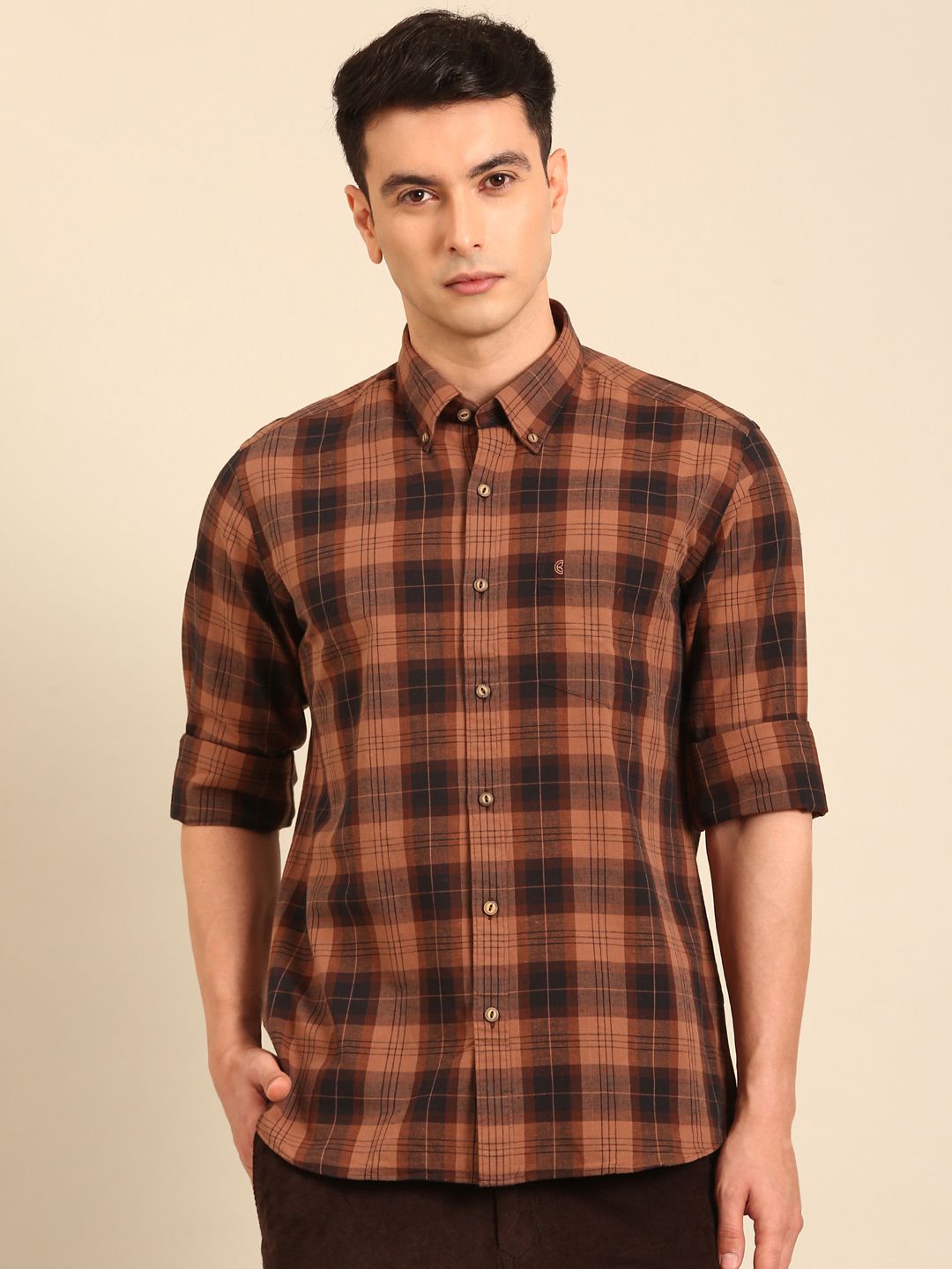 CAVALLO by Linen Club Men's Blended Linen Brown Checkered Contemporary Fit Full Sleeve Casual Shirt
