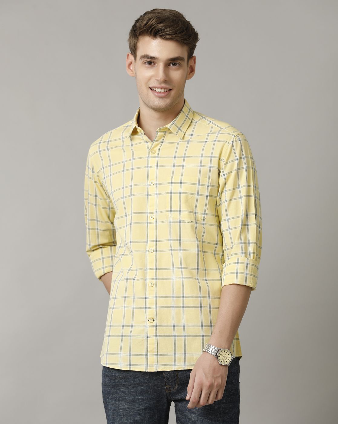 Men's Blended Linen Yellow Checked Contemporary Fit Full Sleeve Casual Shirt