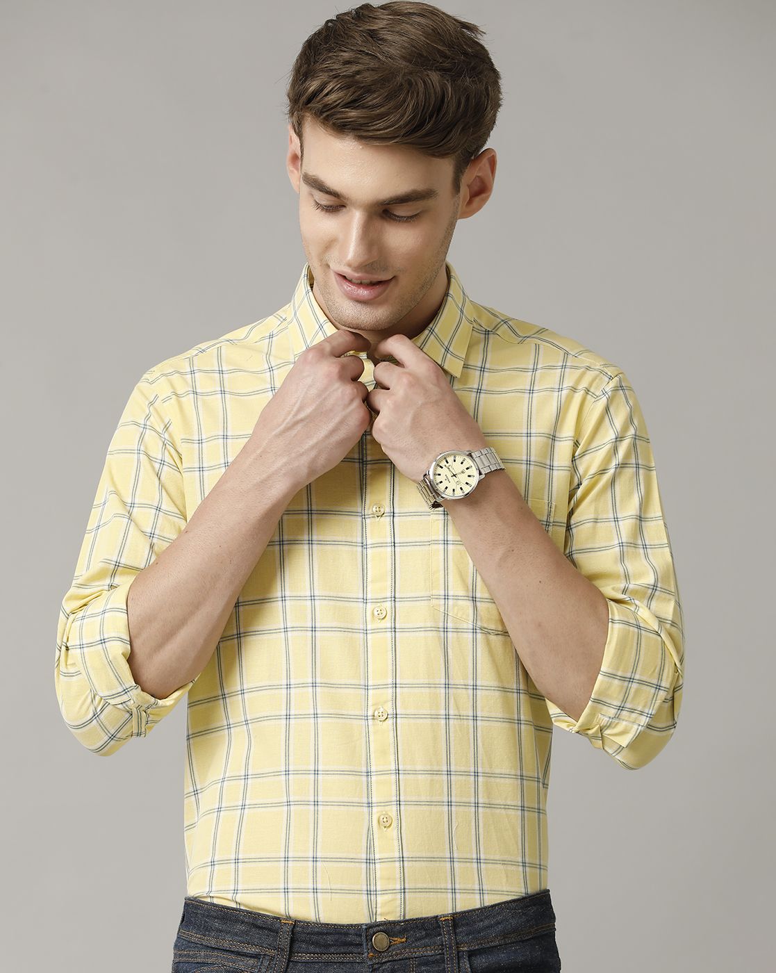 Men's Blended Linen Yellow Checked Contemporary Fit Full Sleeve Casual Shirt
