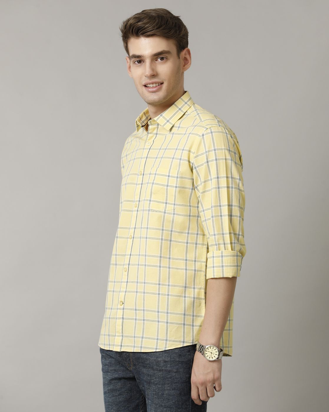 Men's Blended Linen Yellow Checked Contemporary Fit Full Sleeve Casual Shirt