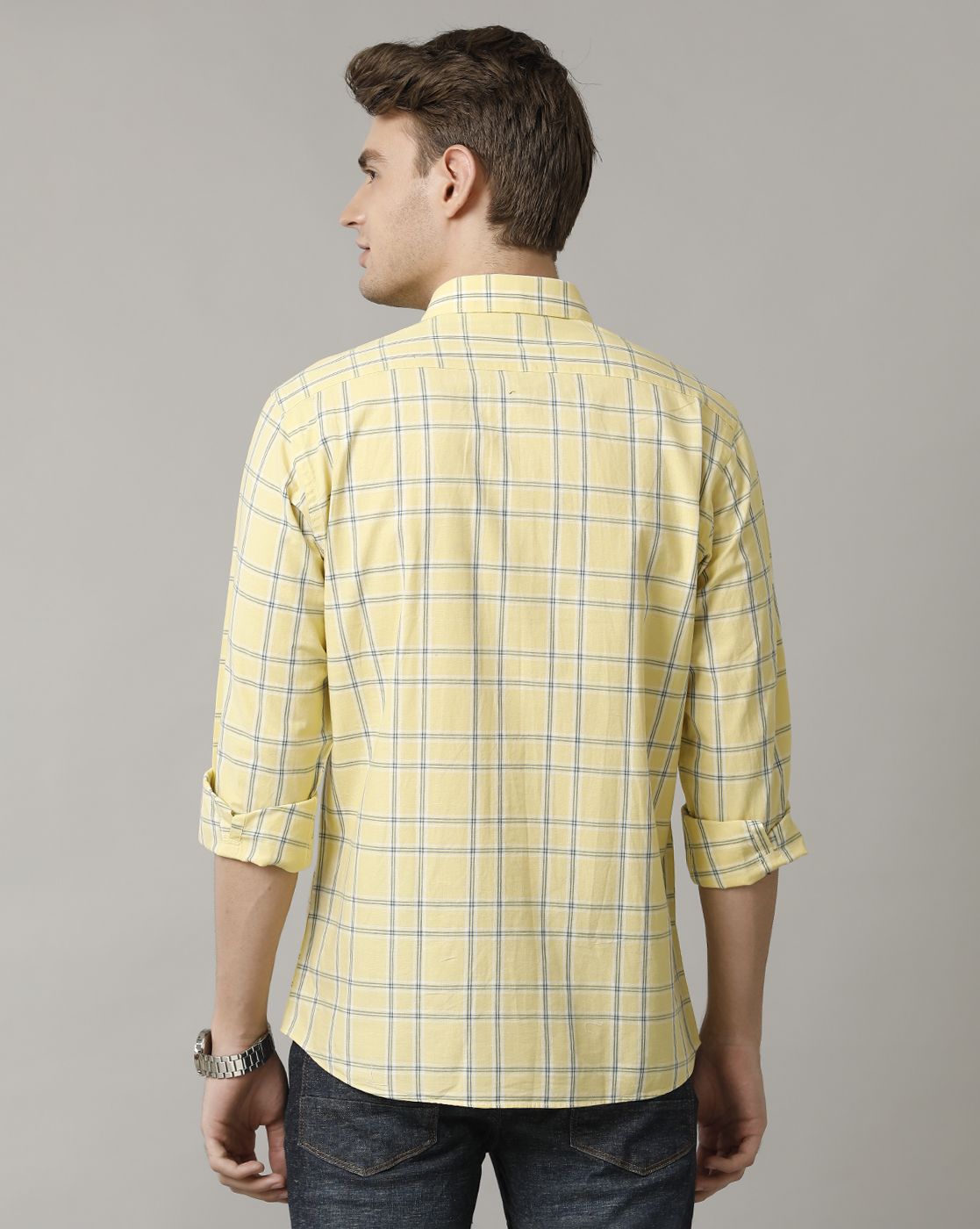 Men's Blended Linen Yellow Checked Contemporary Fit Full Sleeve Casual Shirt