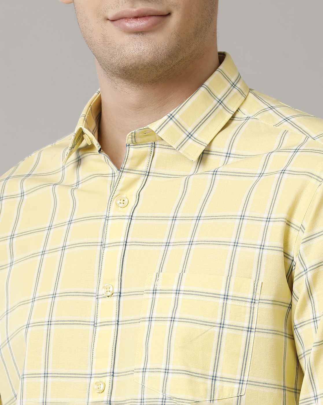Men's Blended Linen Yellow Checked Contemporary Fit Full Sleeve Casual Shirt