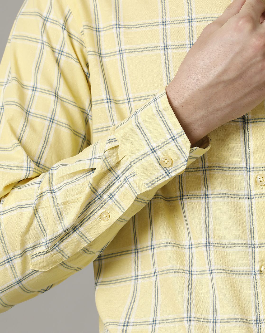 Men's Blended Linen Yellow Checked Contemporary Fit Full Sleeve Casual Shirt