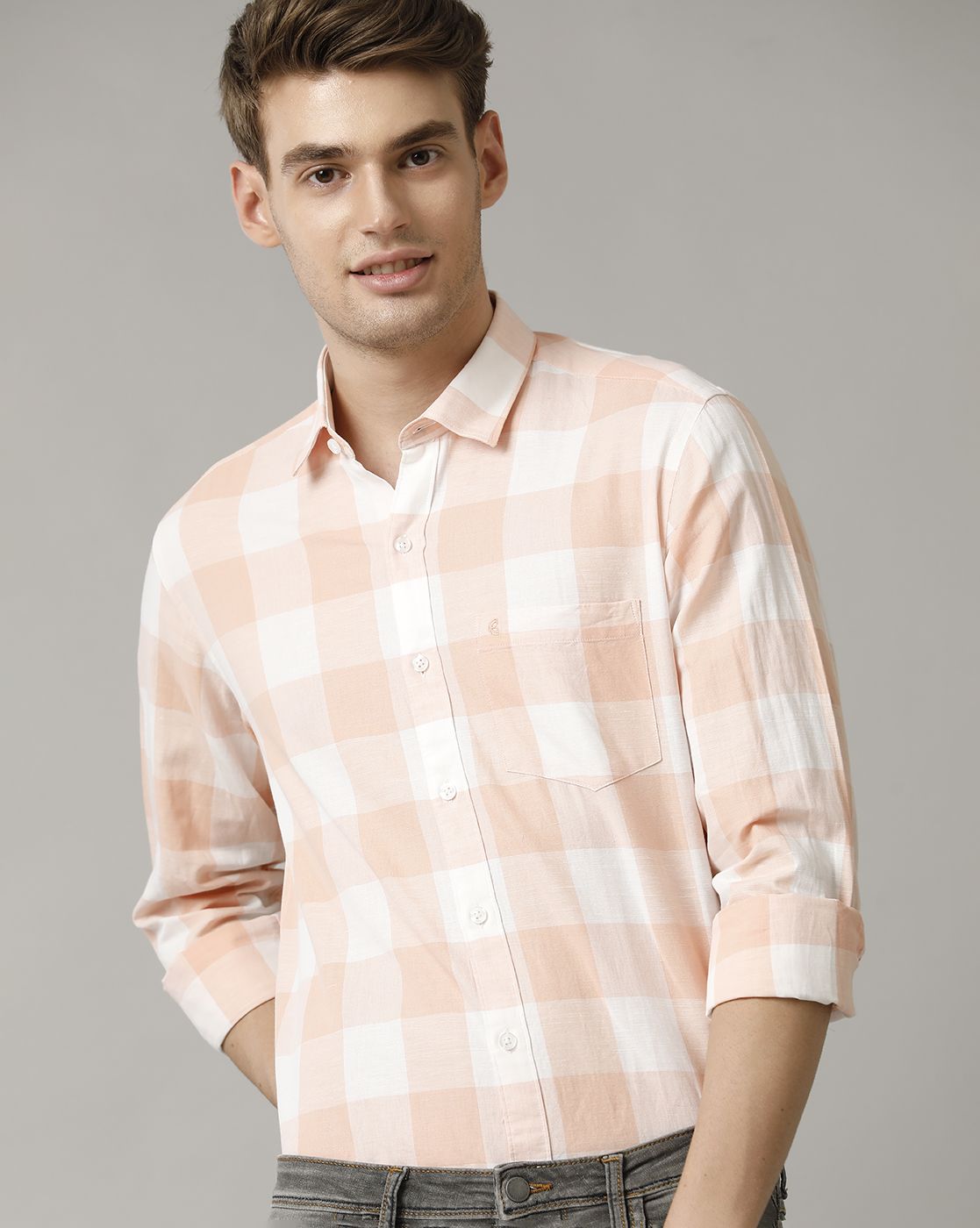 Men's Blended Linen Orange Checked Contemporary Fit Full Sleeve Casual Shirt