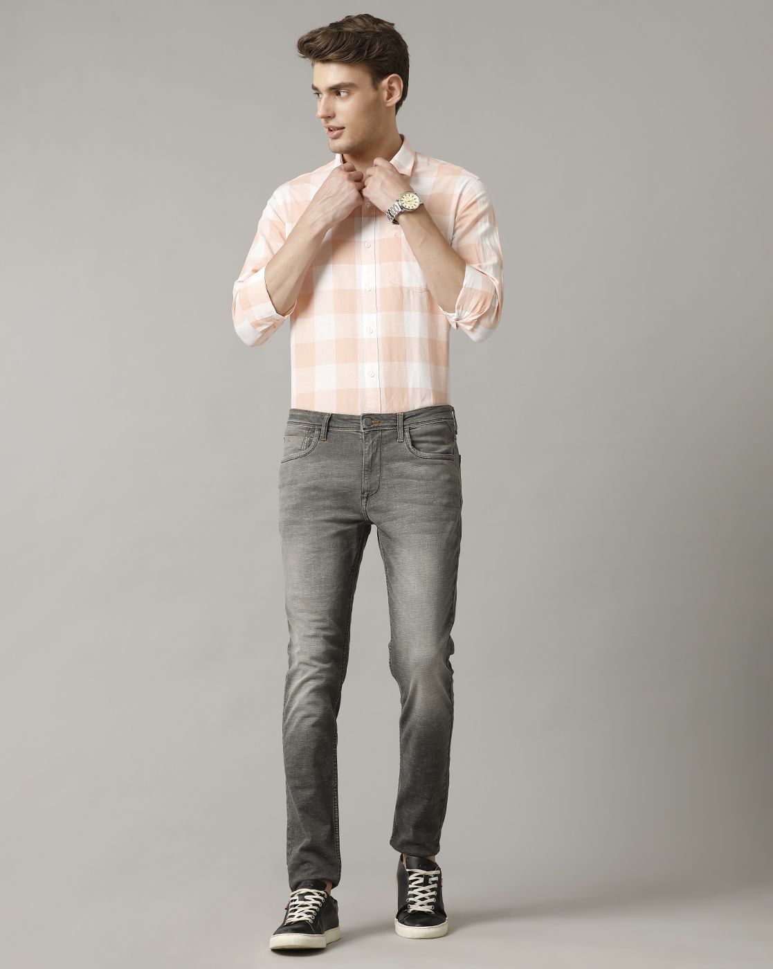 Men's Blended Linen Orange Checked Contemporary Fit Full Sleeve Casual Shirt
