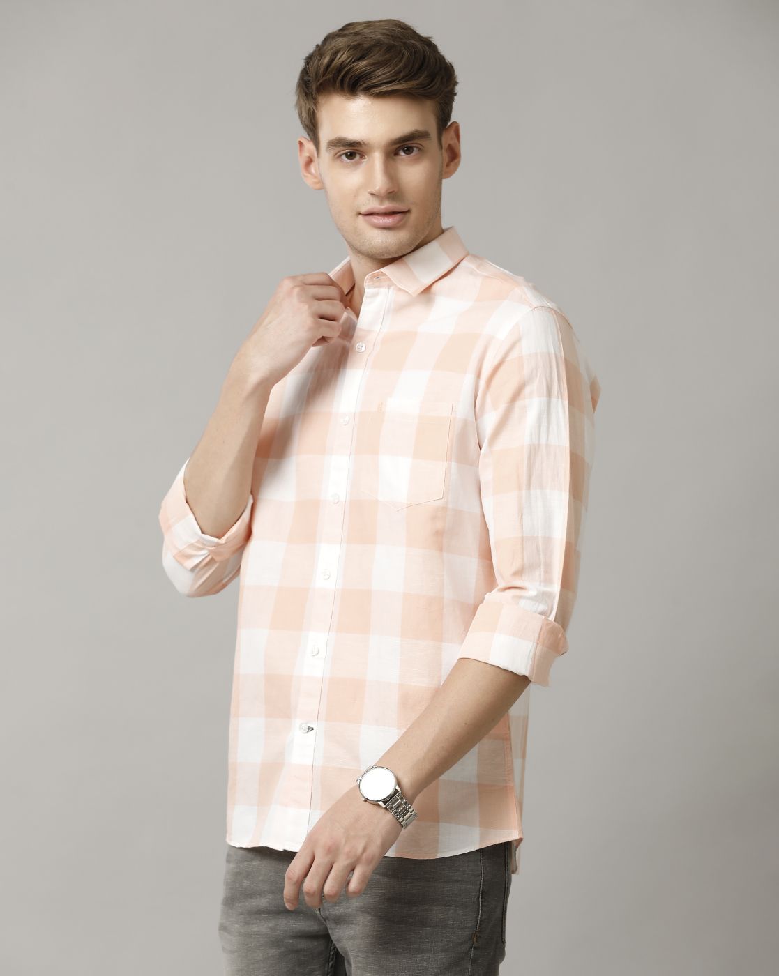 Men's Blended Linen Orange Checked Contemporary Fit Full Sleeve Casual Shirt