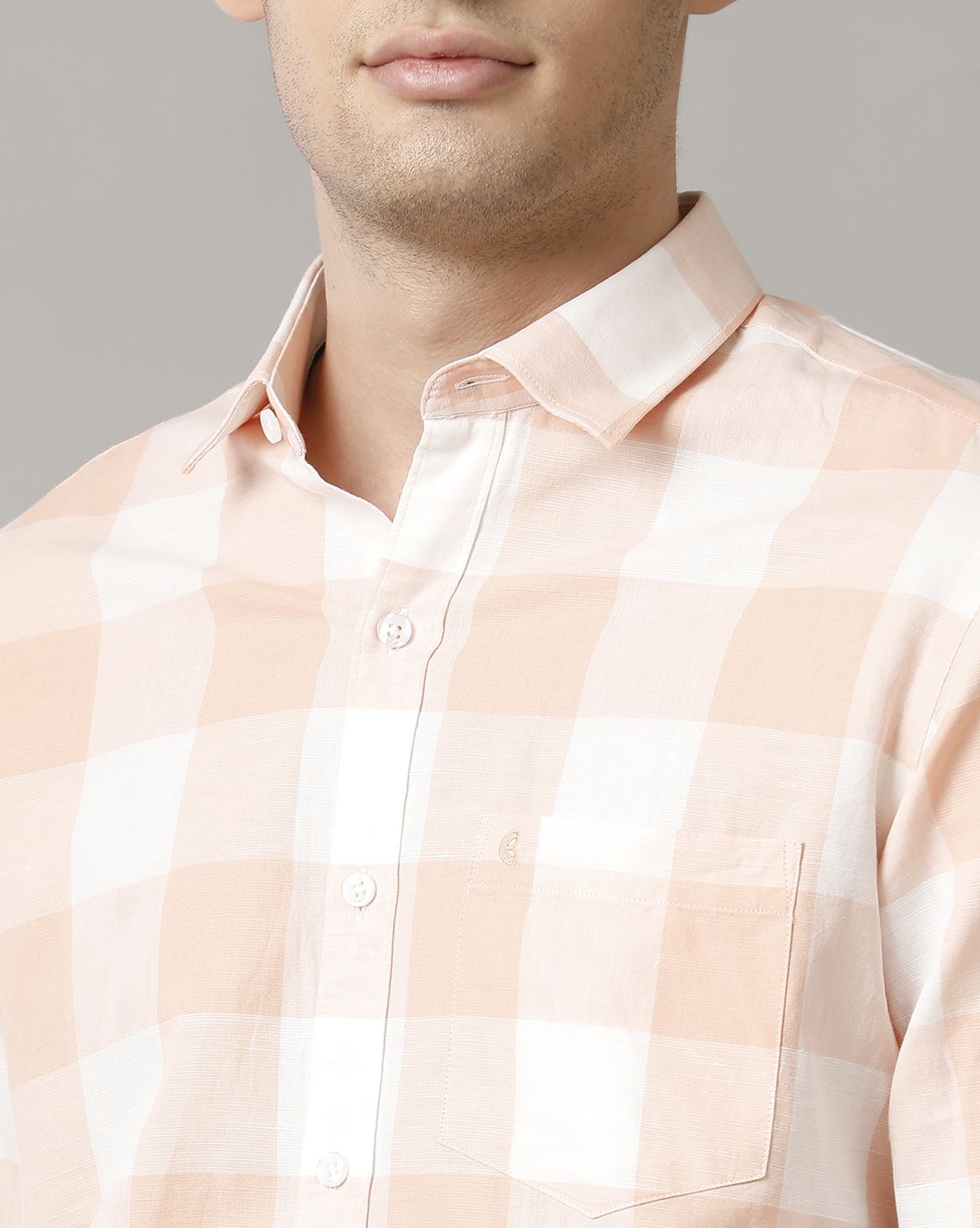 Men's Blended Linen Orange Checked Contemporary Fit Full Sleeve Casual Shirt