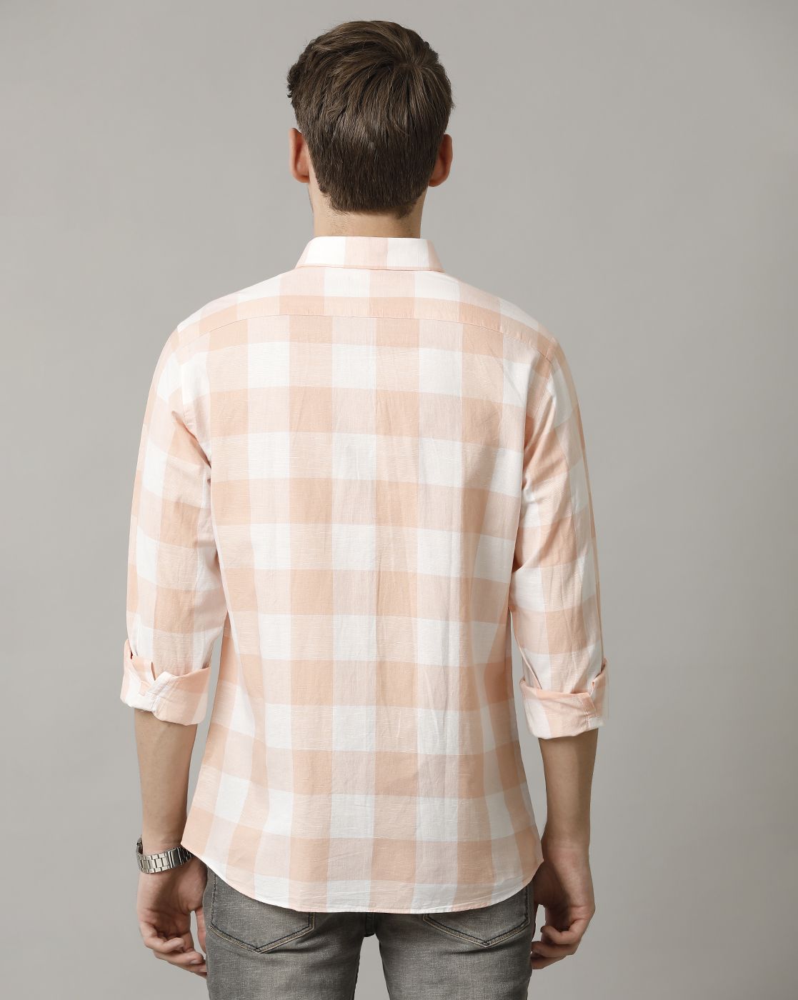 Men's Blended Linen Orange Checked Contemporary Fit Full Sleeve Casual Shirt