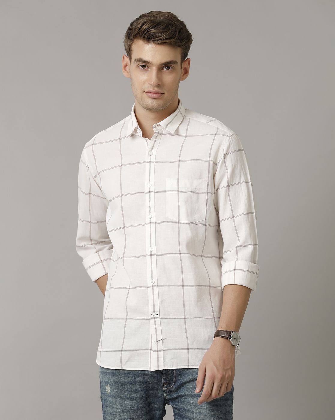 Men's Blended Linen Natural Checked Contemporary Fit Full Sleeve Casual Shirt