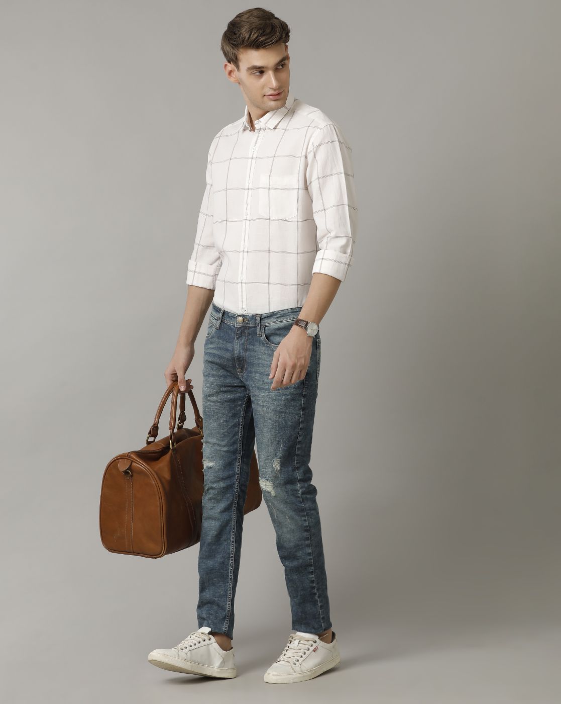Men's Blended Linen Natural Checked Contemporary Fit Full Sleeve Casual Shirt