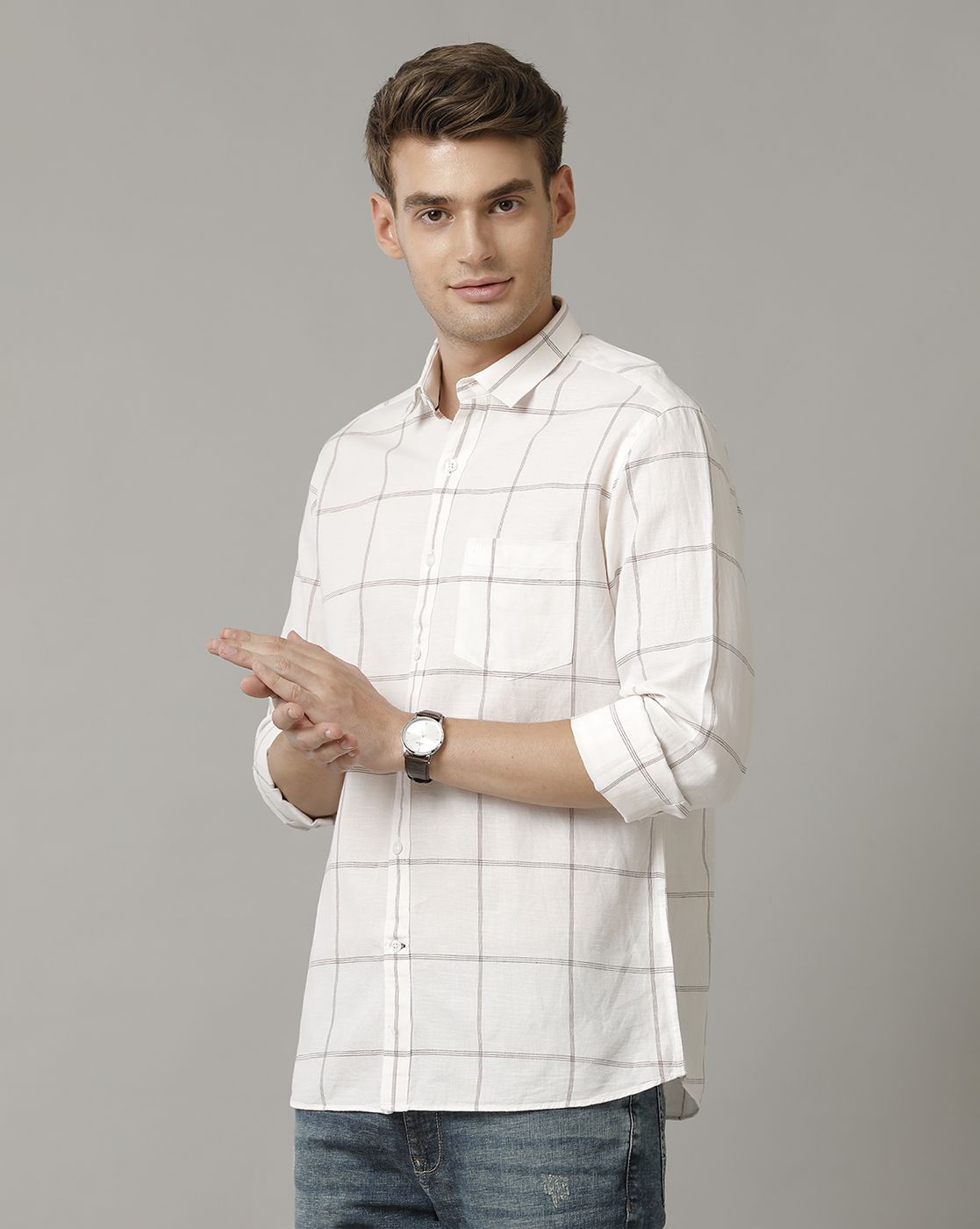 Men's Blended Linen Natural Checked Contemporary Fit Full Sleeve Casual Shirt