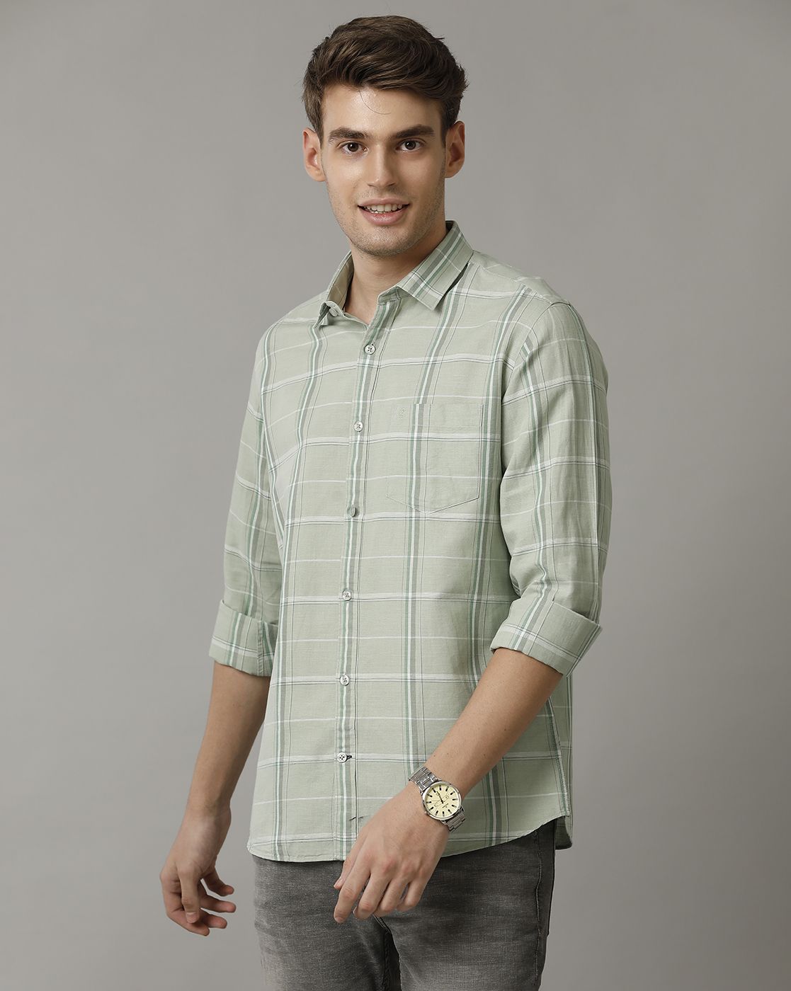 Cavallo By Linen Club Men's Green Checked Contemporary Fit Full Sleeve Casual Shirt