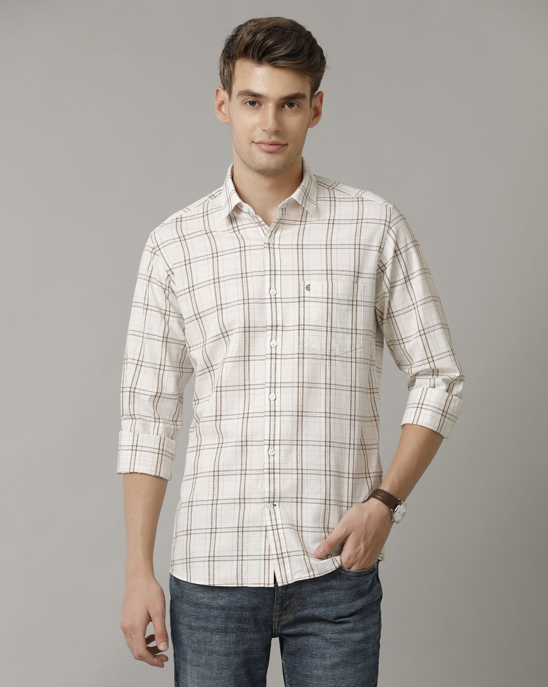 Cavallo By Linen Club Men's Natural Checked Contemporary Fit Full Sleeve Casual Shirt