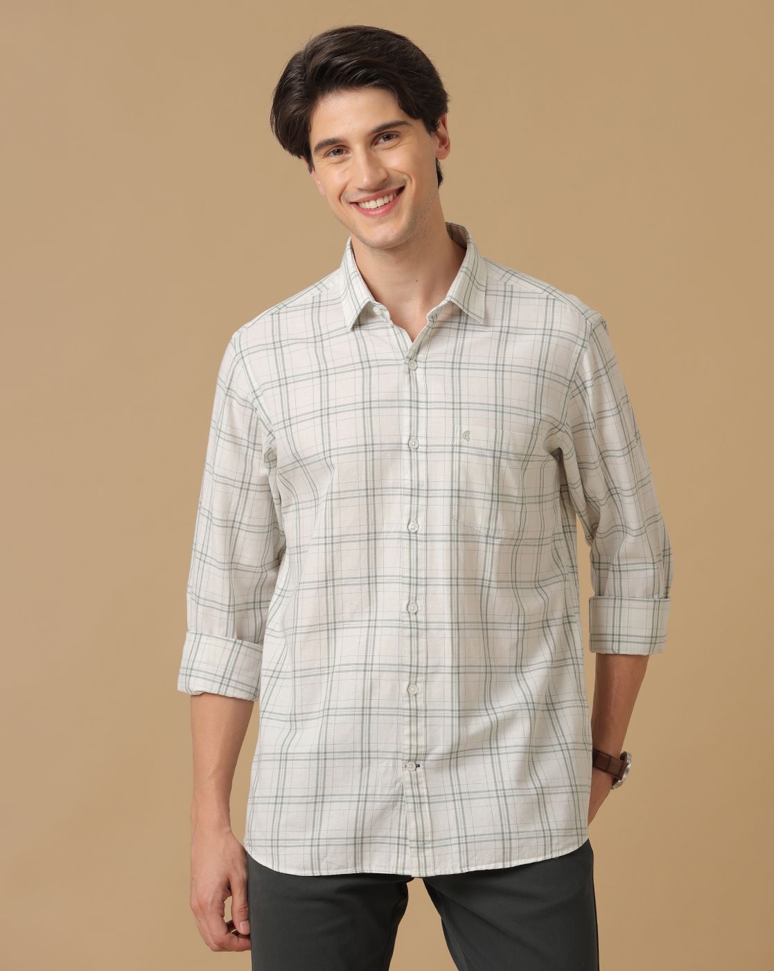 Men's Blended Linen Grey Checked Contemporary Fit Full Sleeve Casual Shirt