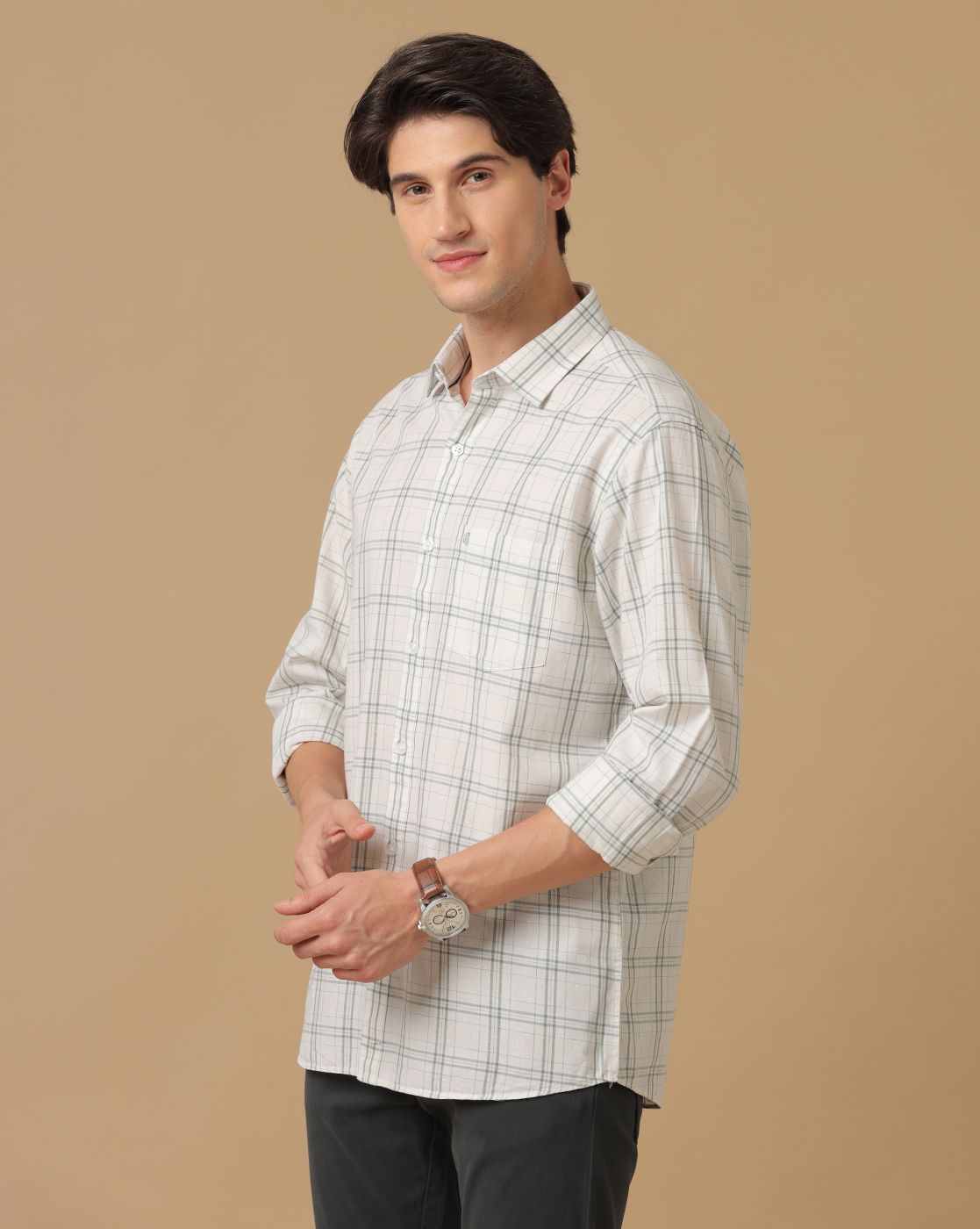 Men's Blended Linen Grey Checked Contemporary Fit Full Sleeve Casual Shirt