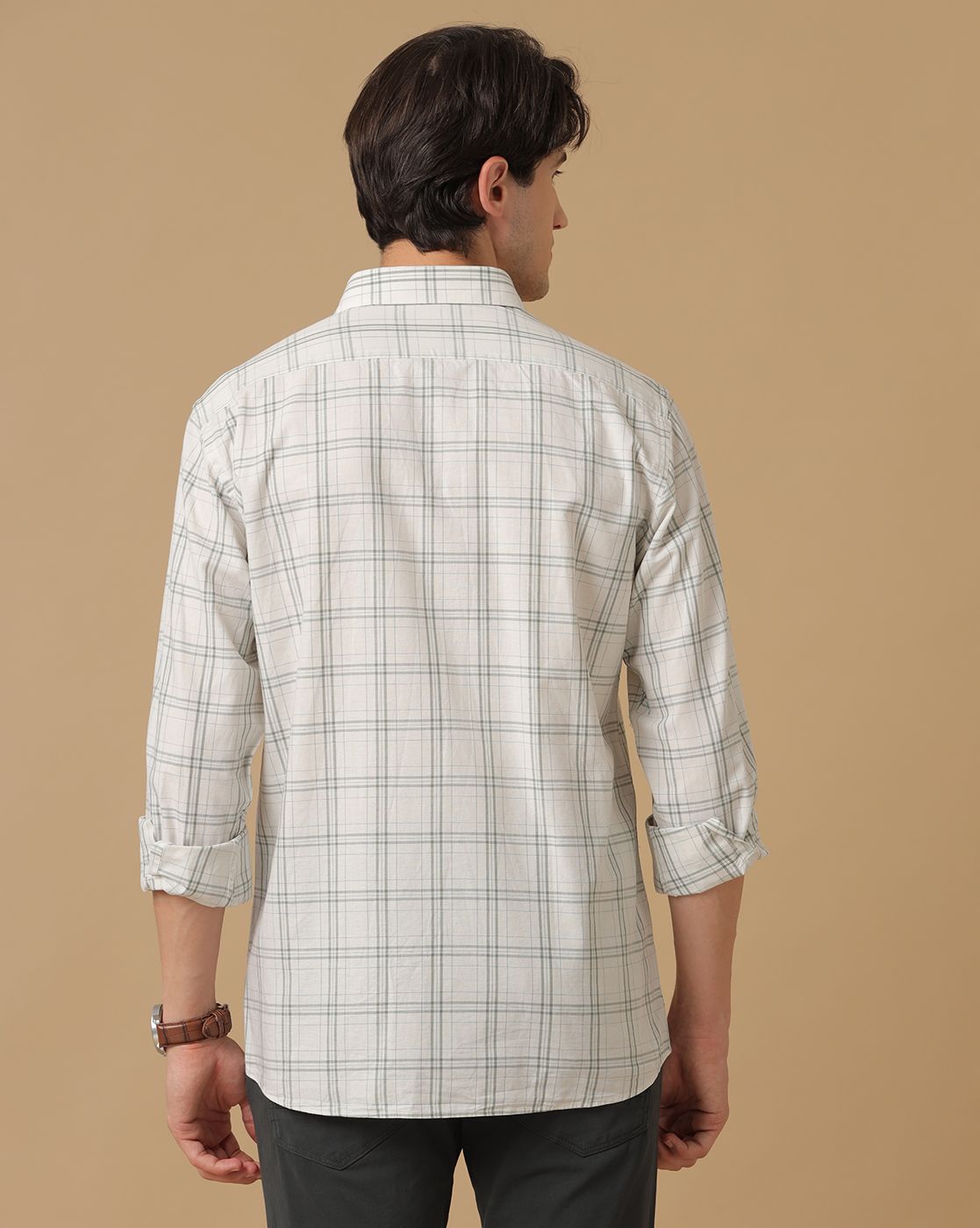 Men's Blended Linen Grey Checked Contemporary Fit Full Sleeve Casual Shirt
