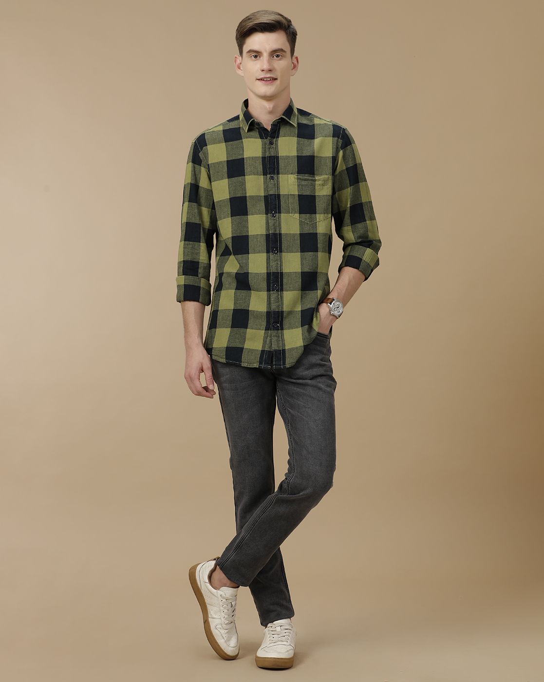 Men's Blended Linen Green Checked Contemporary Fit Full Sleeve Casual Shirt