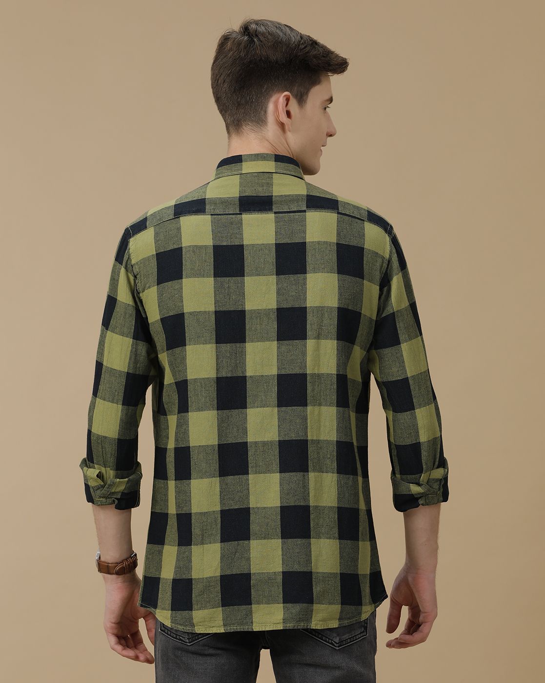 Men's Blended Linen Green Checked Contemporary Fit Full Sleeve Casual Shirt