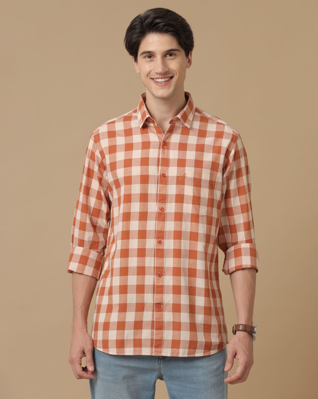 Men's Blended Linen Orange Checked Contemporary Fit Full Sleeve Casual Shirt