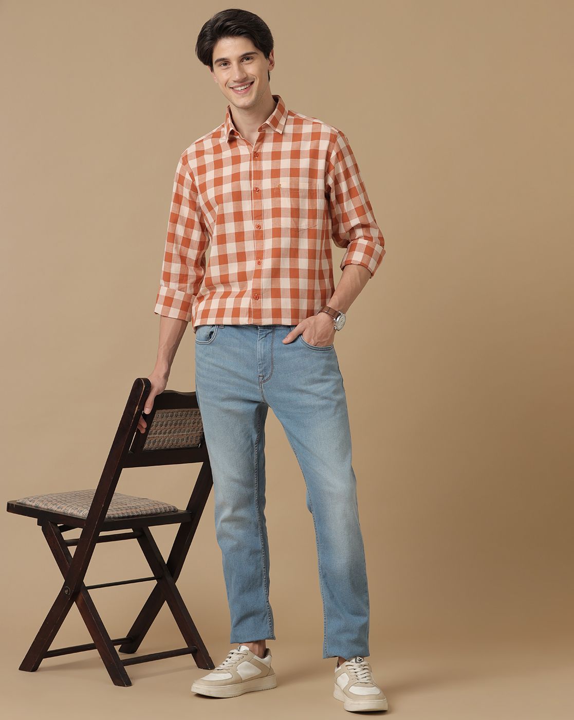 Men's Blended Linen Orange Checked Contemporary Fit Full Sleeve Casual Shirt