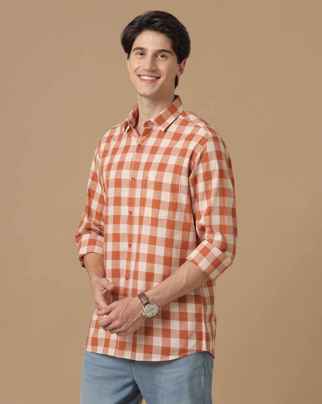 Men's Blended Linen Orange Checked Contemporary Fit Full Sleeve Casual Shirt