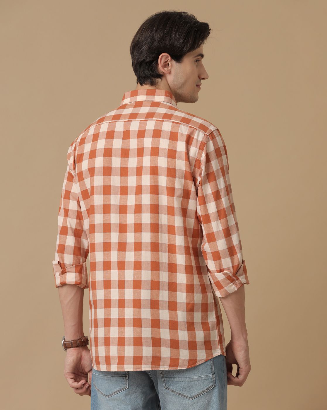 Men's Blended Linen Orange Checked Contemporary Fit Full Sleeve Casual Shirt