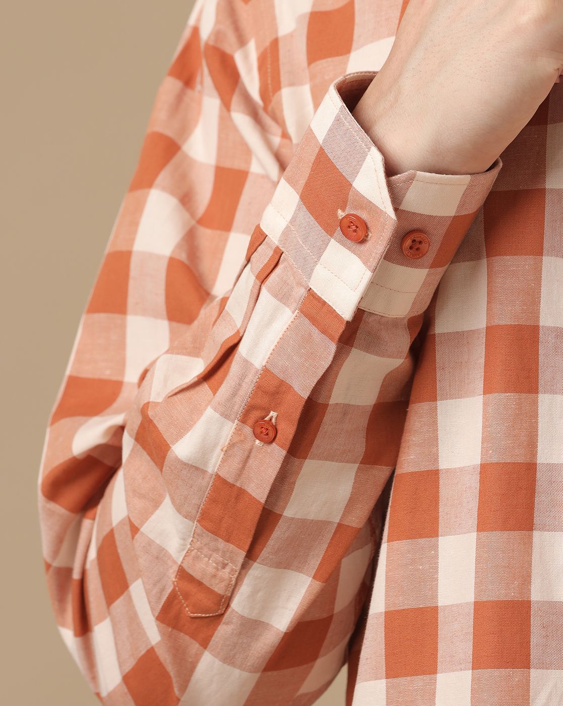 Men's Blended Linen Orange Checked Contemporary Fit Full Sleeve Casual Shirt