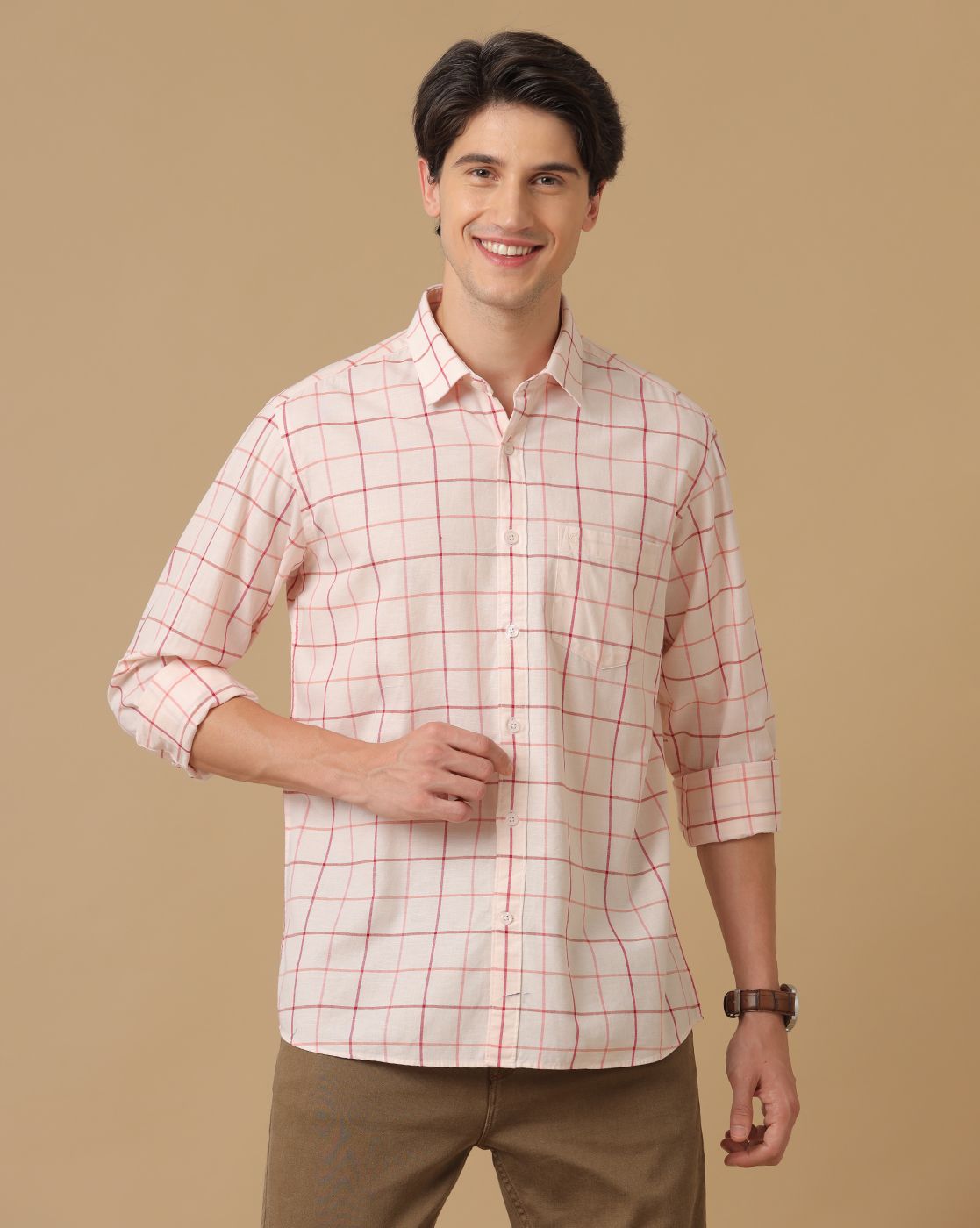 Men's Blended Linen Orange Checked Contemporary Fit Full Sleeve Casual Shirt